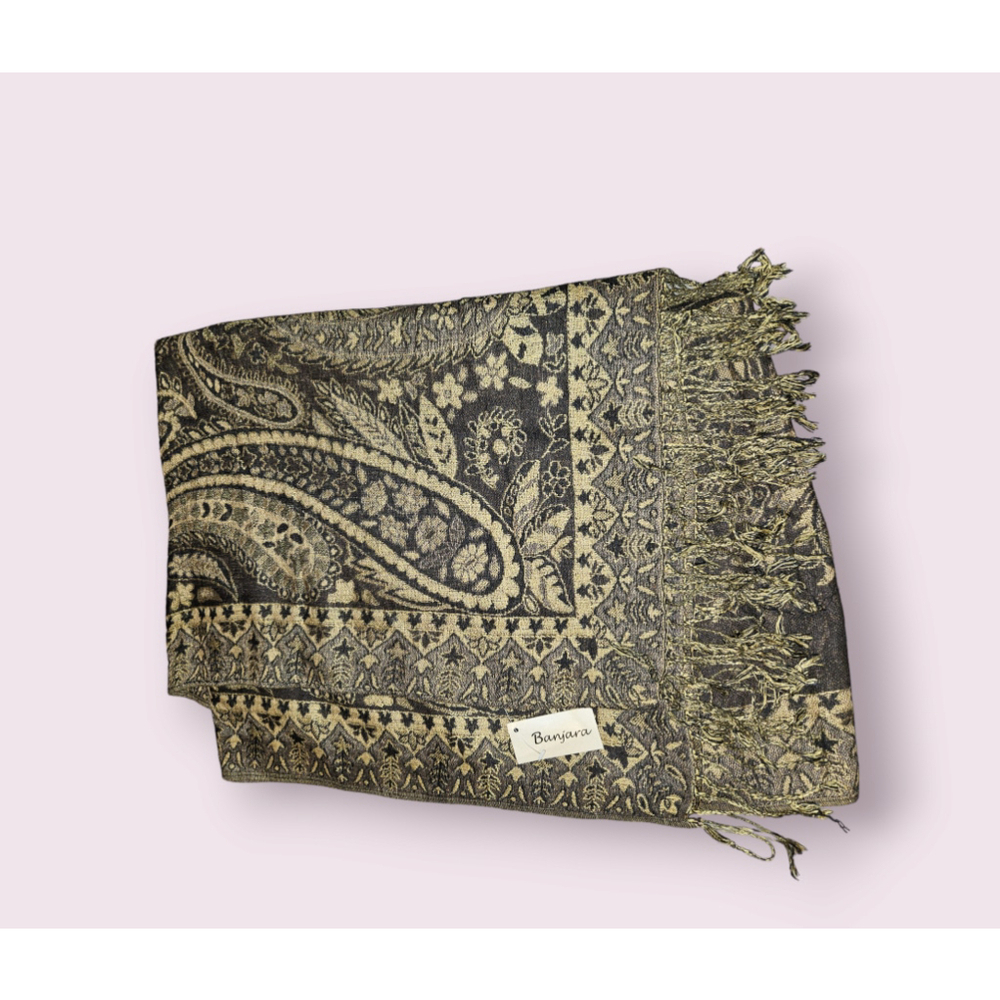 Women's Banjara Stole Shawl Scarf OS Black & Gold (NEW)